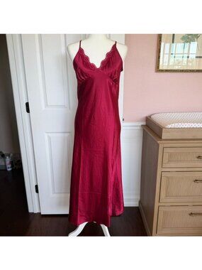 90s Minimalist Romantic Satin Lace Burgundy Maxi Slip Dress Size Small